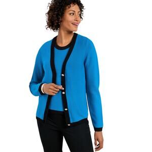 Talbots Tipped Texture V Neck Blue Cardigan Sweater